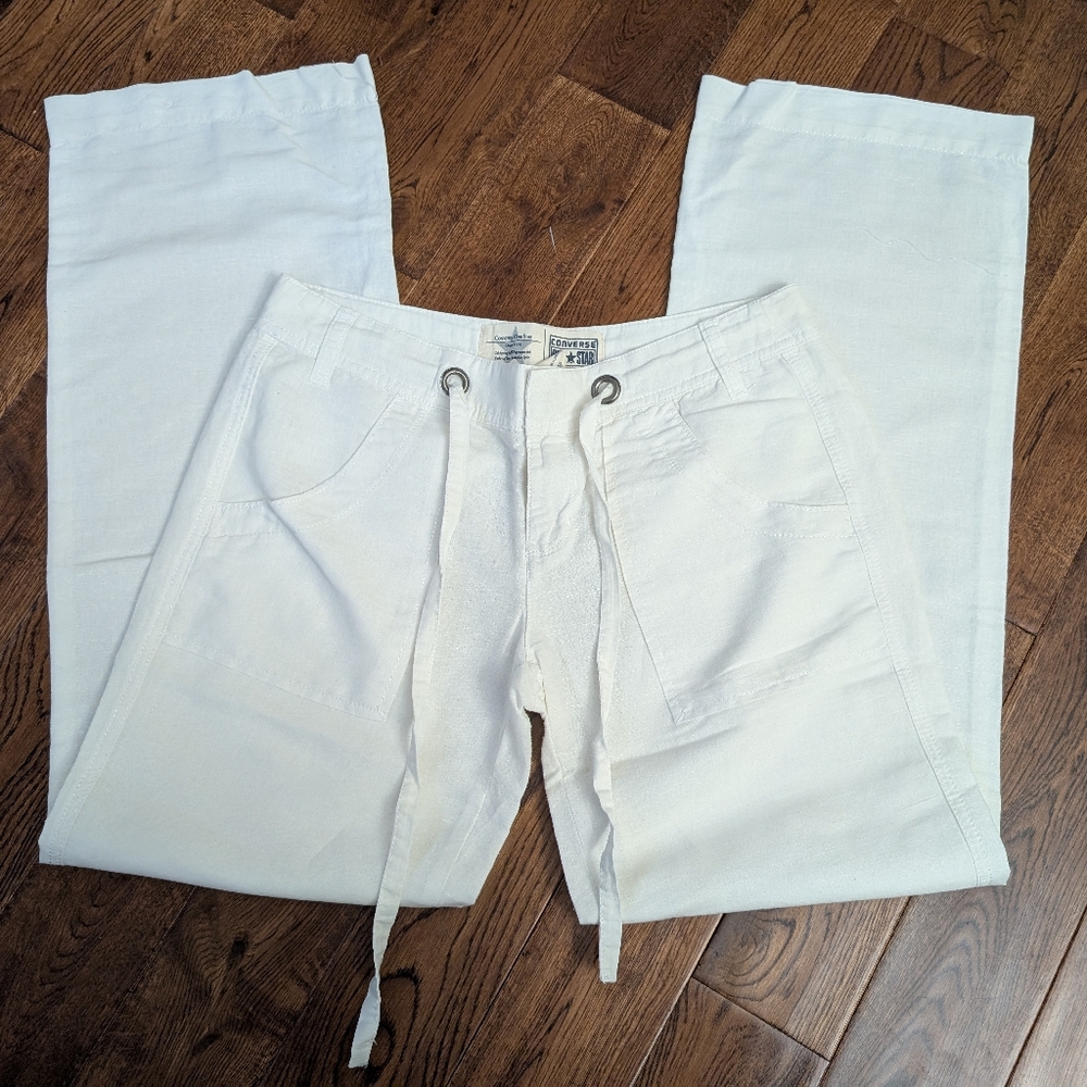 EUC Ladies Converse One Star ⭐ White Linen Cotton Wide Leg Drawstring Pants Sz 4 - Picture 2 of 10